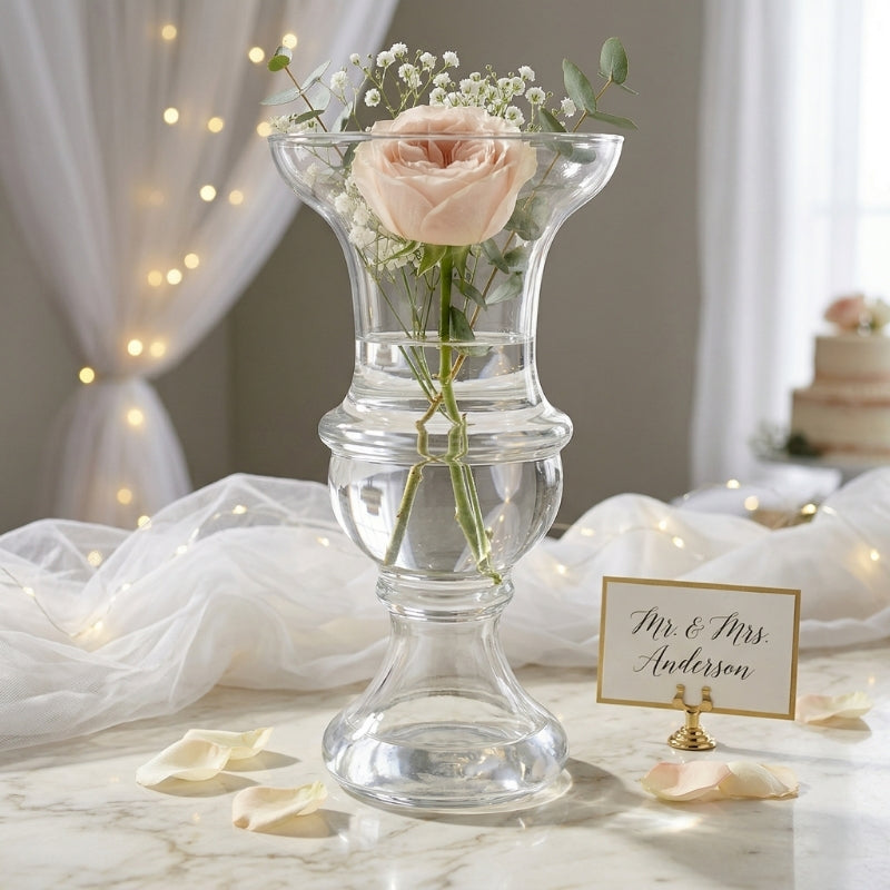 Glass Hourglass Vase – Elegant Clear Glass Urn with Fluted Rim and Sculptural Taper - U20