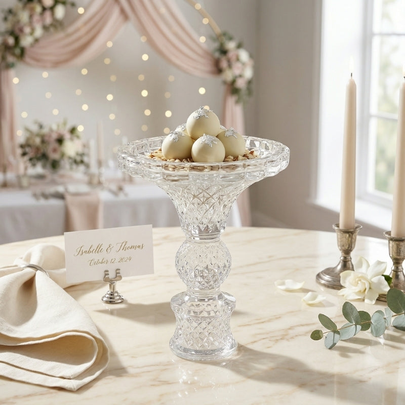 Diamond Cut Glass Compote Vase – Intricate Crystal-Style Pedestal Bowl with Baluster Stem - U21