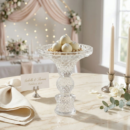 Diamond Cut Glass Compote Vase – Intricate Crystal-Style Pedestal Bowl with Baluster Stem - U21