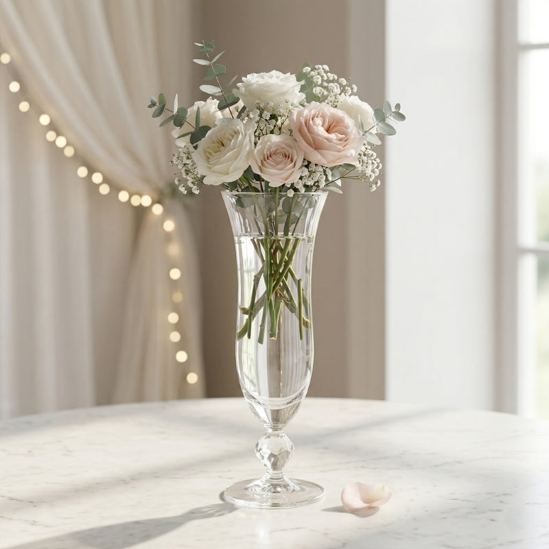 Fluted Glass Trumpet Vase – Slim Ribbed Pedestal Vessel with Teardrop Stem Accent - U22