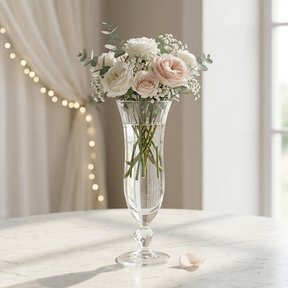 Fluted Glass Trumpet Vase – Slim Ribbed Pedestal Vessel with Teardrop Stem Accent - U22