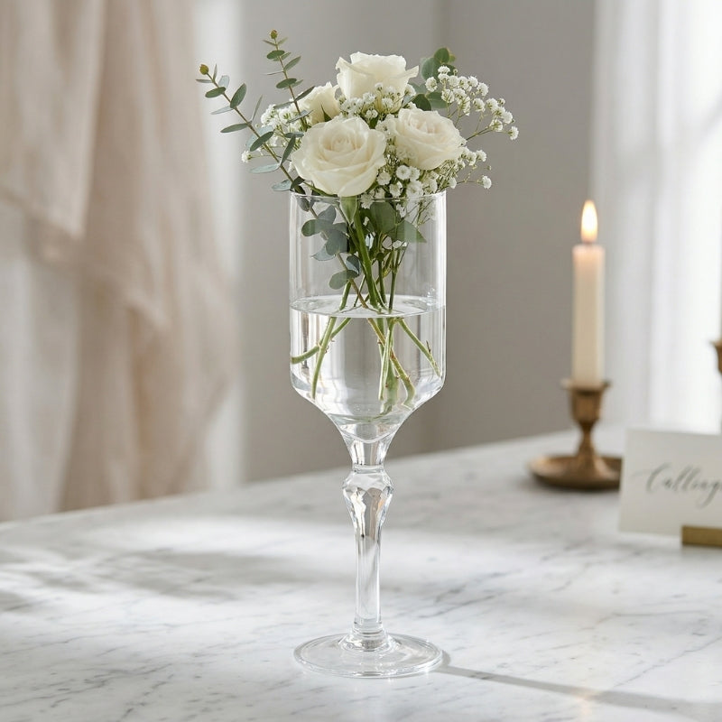 Stemmed Cylinder Vase – Architectural Glass Pedestal Vessel with Faceted Baluster Stem - U23