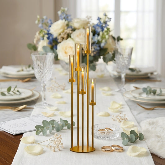 Gold 5-Arm Floor Candelabra with Hurricane Glass – Modern Standing Candle Holder