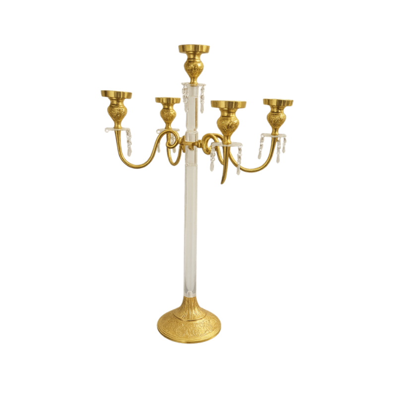 Crystal & Gold Candelabra - 5-Light Ornate Centerpiece with Hanging Droplets - CT04