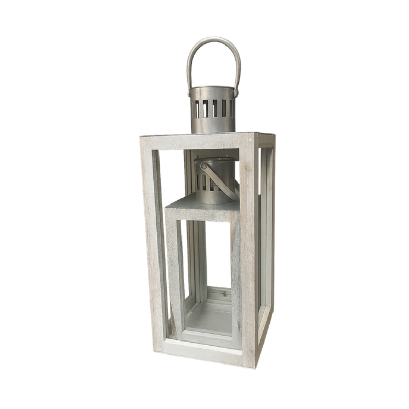 Whitewashed Wooden Lantern Set – Shabby Chic Coastal Nesting Candle Holders - L04