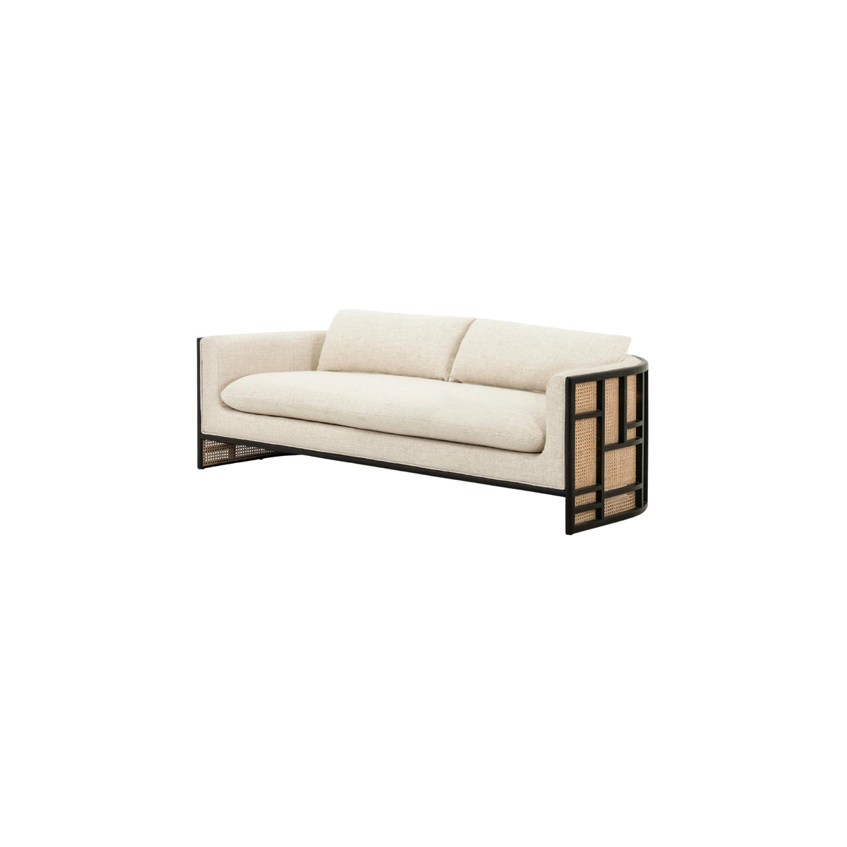Wooden Rattan Back Linen Blend Sofa