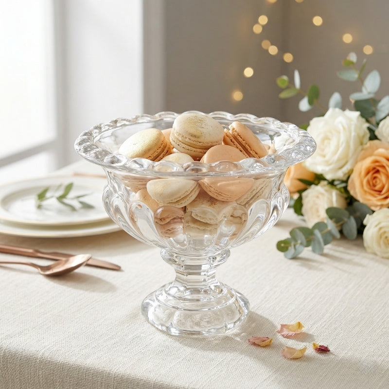 Glass Scalloped Urn – Clear Pedestal Compote Vase with Fluted Rim and Ribbed Body - U25