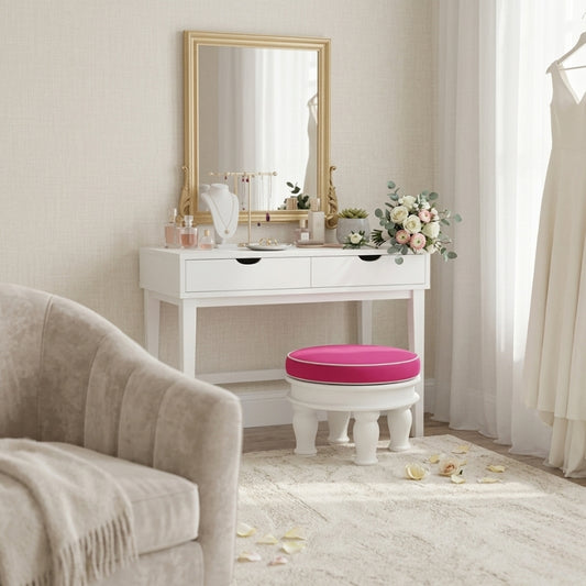 Velvet Footstool Ottoman: Handcrafted White Wood & Pink Seat