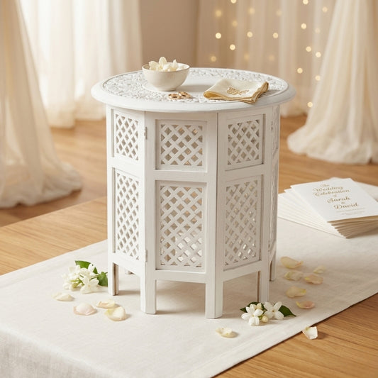 Hand-Carved Moroccan Side Table – Round White Boho Accent Table