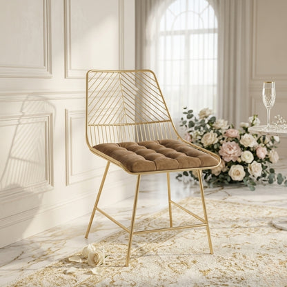 Luxury Gold Wire Poseur Chair – Brown Velvet Tufted Bar Stool