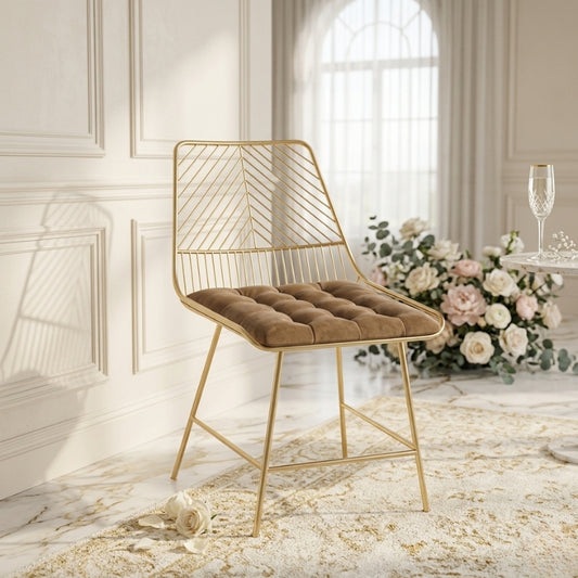 Luxury Gold Wire Poseur Chair – Brown Velvet Tufted Bar Stool