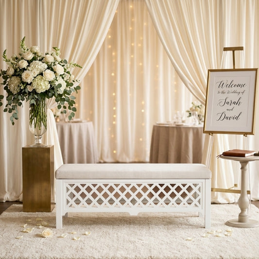 White Lattice Bench – 6ft Luxury Padded Seating for Weddings & Events