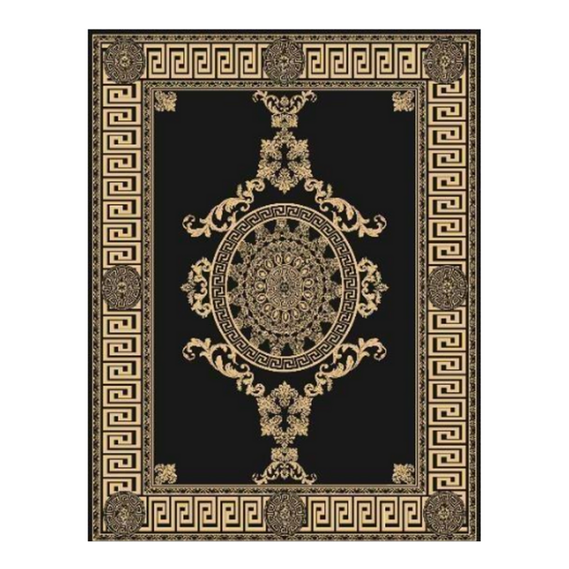 Versace Style Greek Key Rug – Luxury Black & Gold Baroque Statement Carpet - CU05