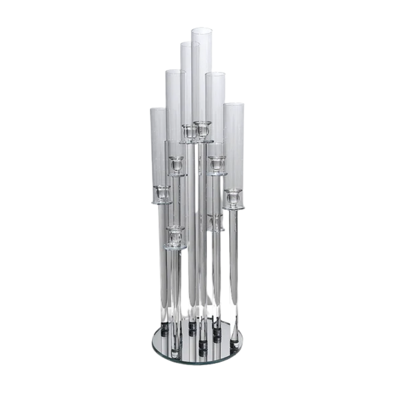 Modern Silver & Acrylic 10-Light Candelabra – Tiered Floating Glass Centerpiece - CT06