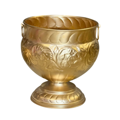 Embossed Brass Planter – Ornate Floral Pedestal Pot with Ring Handles - U06