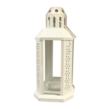 Cream Metal Lantern – Hexagonal Floral Cut-Out Decorative Votive Candle Holder - L06