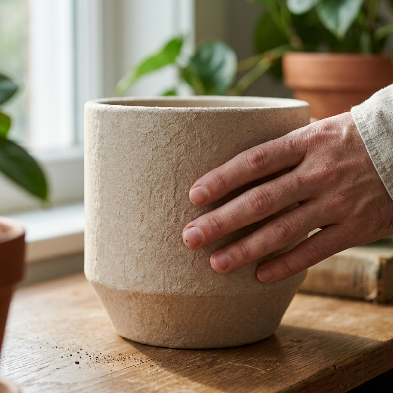 Small Stone Planter – Minimalist Textured Cylinder Pot with Natural Sandstone Finish - U28
