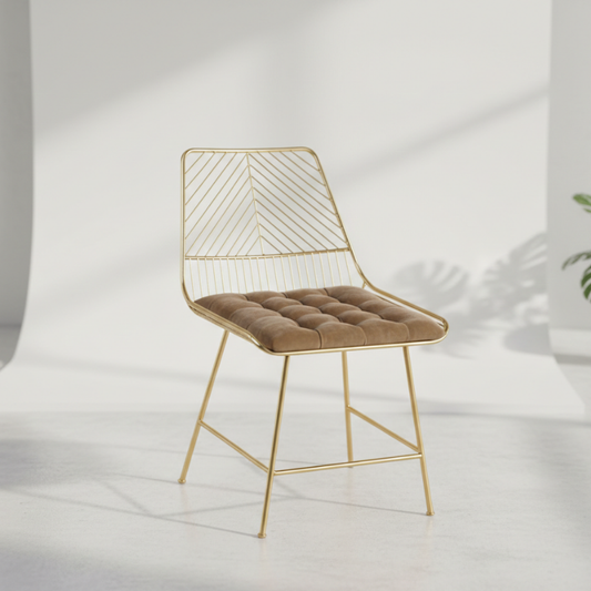 Luxury Gold Wire Poseur Chair – Brown Velvet Tufted Bar Stool