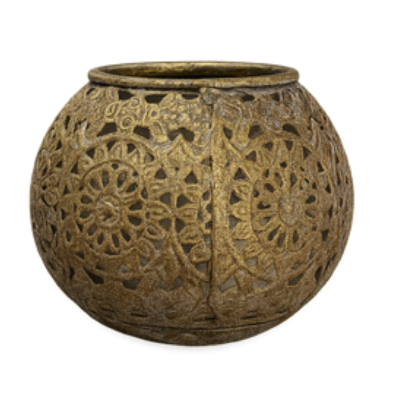 Filigree Brass Lantern – Hand-Carved Lattice Globe Vase with Antique Gold Patina - U08