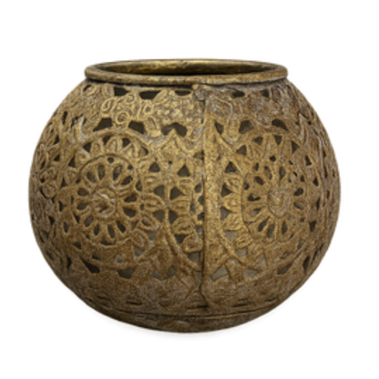 Filigree Brass Lantern – Hand-Carved Lattice Globe Vase with Antique Gold Patina - U08