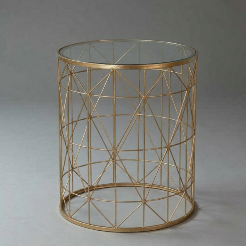 Round Gold Jaali Side Table – 52cm Geometric Metal End Table with Glass Top