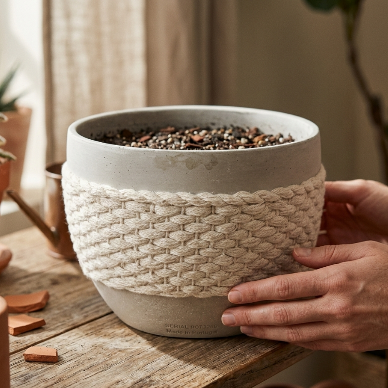 Rope Texture Planter – Coastal Ceramic Pot with Woven Cord Middle and Matte Sand Finish - U29