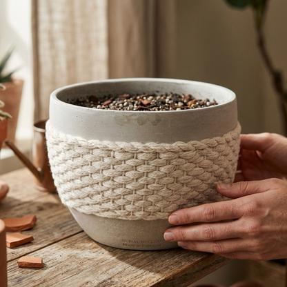 Rope Texture Planter – Coastal Ceramic Pot with Woven Cord Middle and Matte Sand Finish - U29