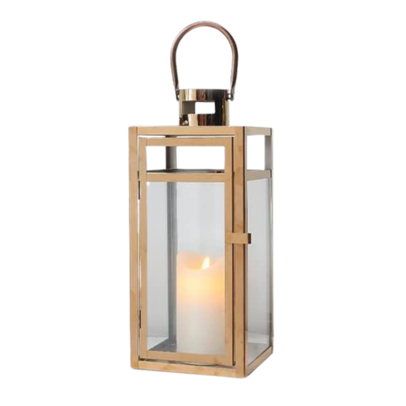 Gold Glass Pillar Lantern – Modern Metal Hurricane Candle Holder with Rose Gold Finish - L08