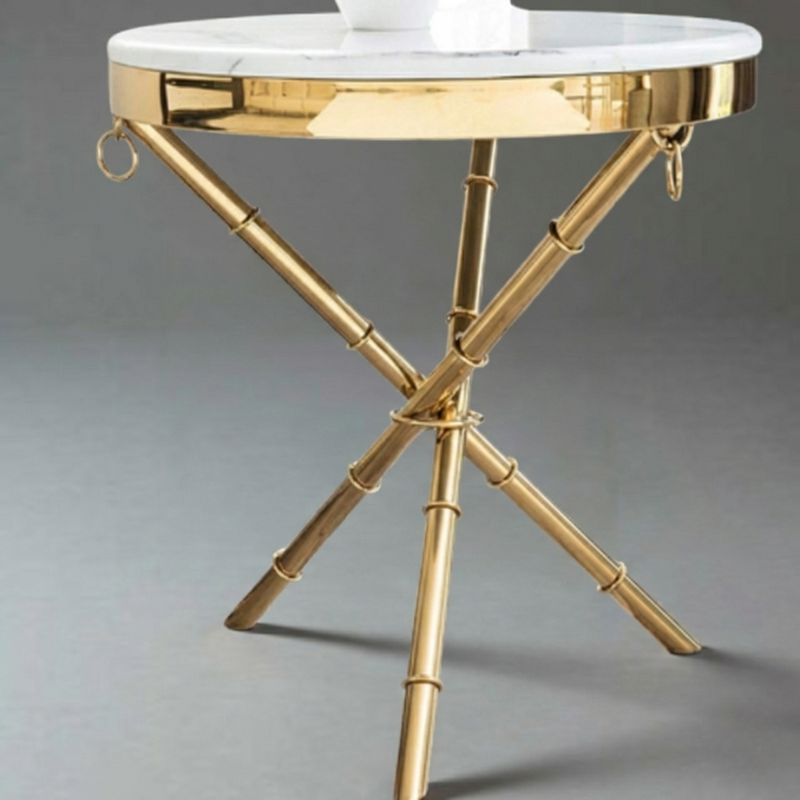 Luxury Marble Gold Side Table – 50cm Round White Faux Marble End Table with Bamboo Brass Legs