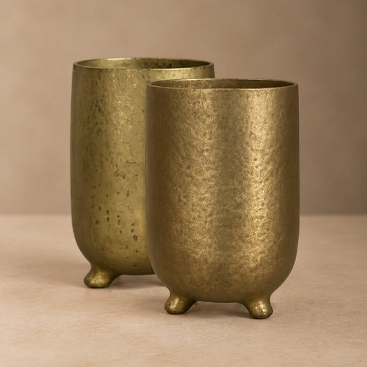 Hammered Footed Vase Set – Modern Gold Cylinder Vases with Tripod Base - U15