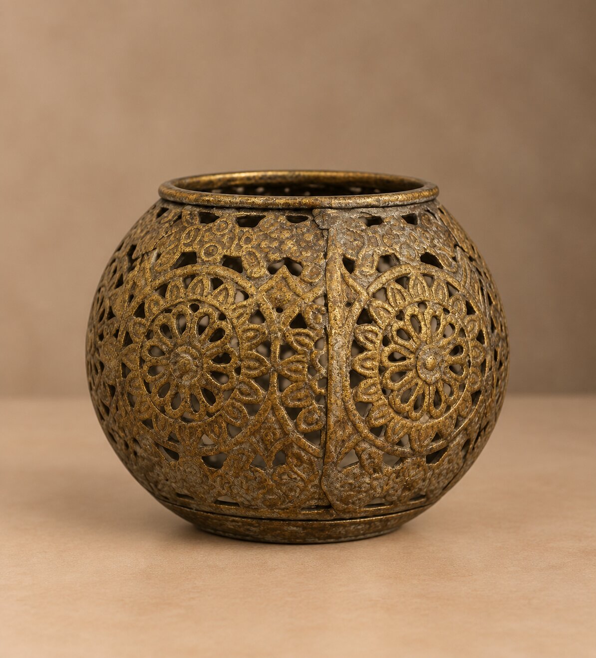 Filigree Brass Lantern – Hand-Carved Lattice Globe Vase with Antique Gold Patina - U08