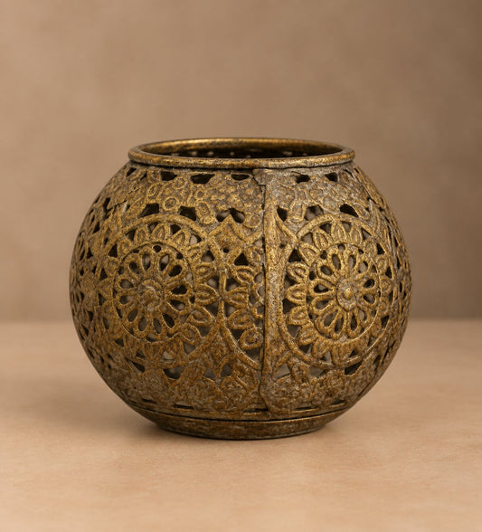 Filigree Brass Lantern – Hand-Carved Lattice Globe Vase with Antique Gold Patina - U08