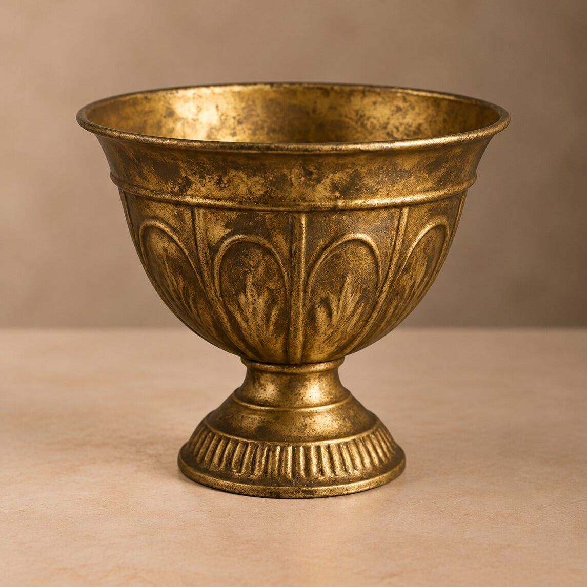 Antique Gold Acanthus Leaf Urn – Classical Pedestal Vase with Aged Brass Patina - U09