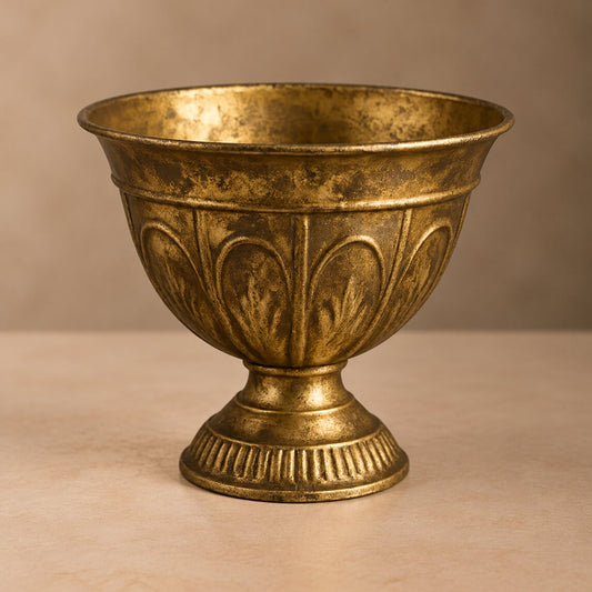 Antique Gold Acanthus Leaf Urn – Classical Pedestal Vase with Aged Brass Patina - U09
