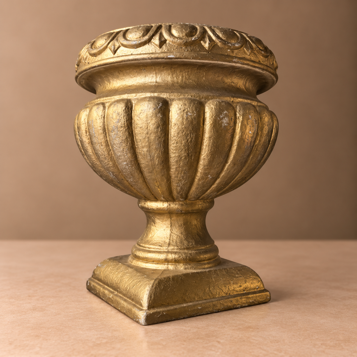Gold Pedestal Urn – Ornate Fluted Centerpiece Vase with Classical Relief Detail - U04