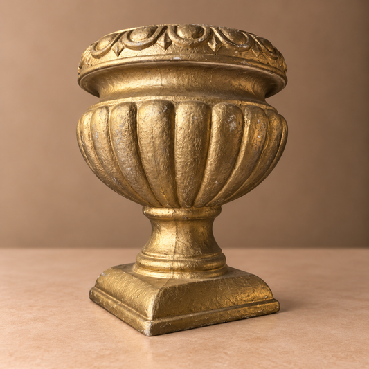 Gold Pedestal Urn – Ornate Fluted Centerpiece Vase with Classical Relief Detail - U04