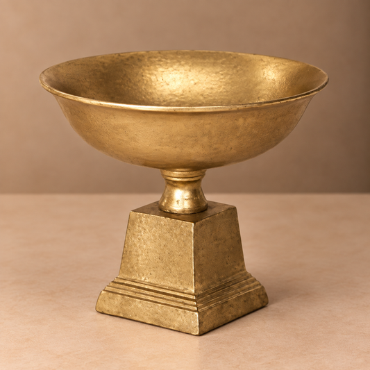 Vintage Brass Compote Bowl – Antique Style Pedestal Vase with Square Plinth Base - U03