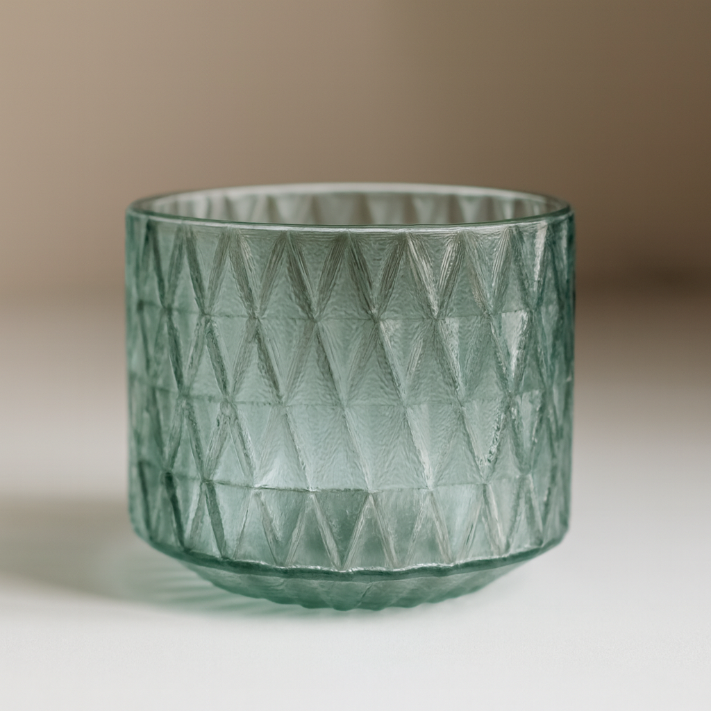Sage Green Diamond Glass Pot – Geometric Textured Votive & Mini Planter - BV04
