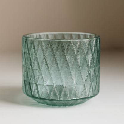 Sage Green Diamond Glass Pot – Geometric Textured Votive & Mini Planter - BV04