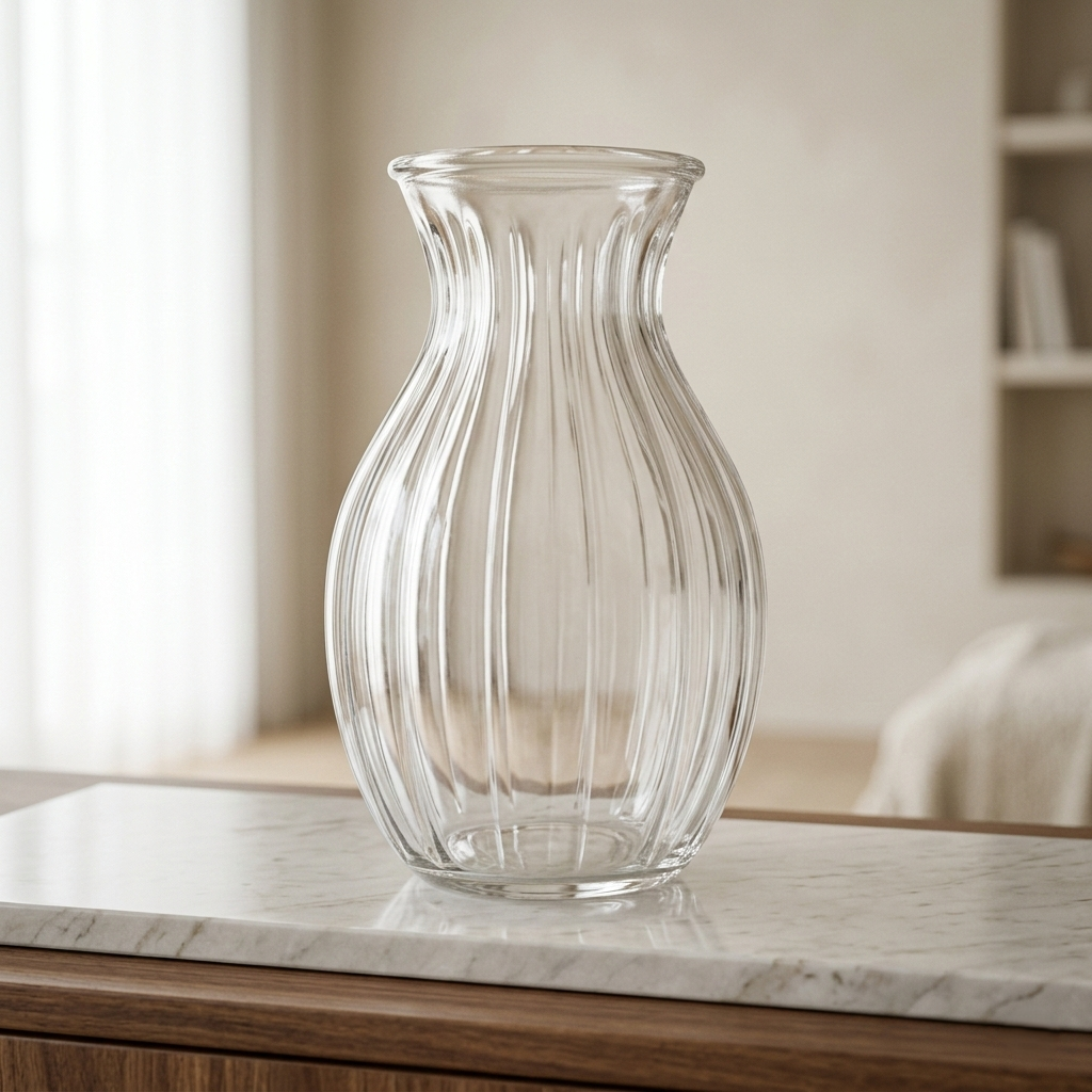 Elegant Fluted Glass Vase – Clear Curved Ribbed Floral Vessel - BV011