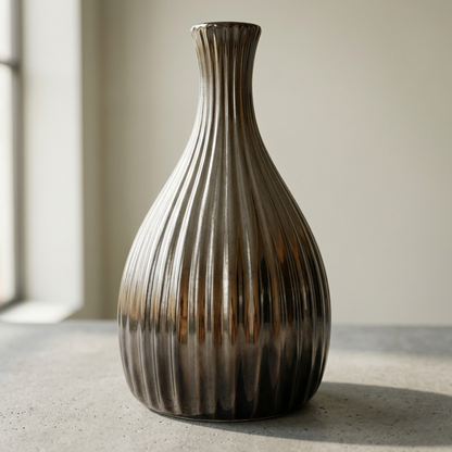 Metallic Smokey Grey Teardrop Vase – Ribbed Chrome Glass Bud Vase - BV12