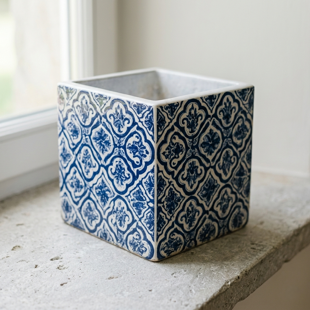 Indigo Tile Moroccan Planter – Cobalt Blue Patterned Ceramic Square Pot - CV02