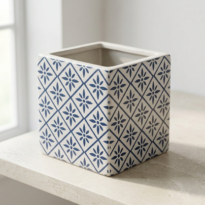 Indigo Star Moroccan Planter – Blue Geometric Patterned Ceramic Square Pot - CV03