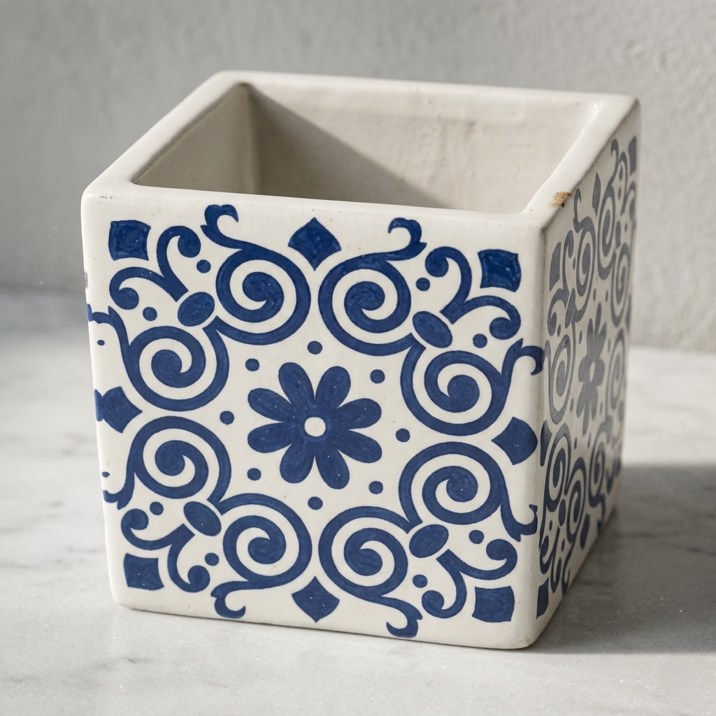 Indigo Scroll Moroccan Planter – Cobalt Blue Curlicue Patterned Ceramic Square Pot - CV04