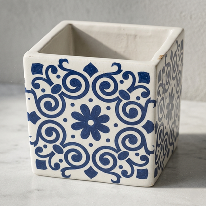 Indigo Scroll Moroccan Planter – Cobalt Blue Curlicue Patterned Ceramic Square Pot - CV04