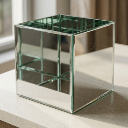 Contemporary Mirrored Cube Vase – Reflective Silver Glass Centerpiece - CV08