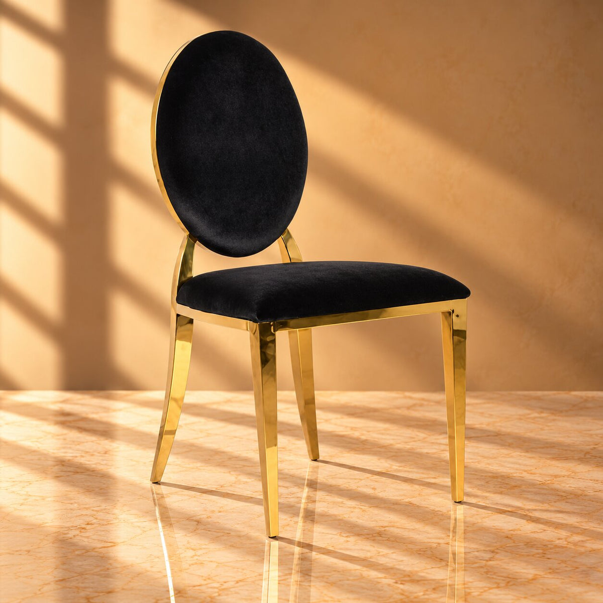 Black Velvet Louis Chair – Luxury Gold Stainless Steel Dining Chair with Padded Oval Back - C04