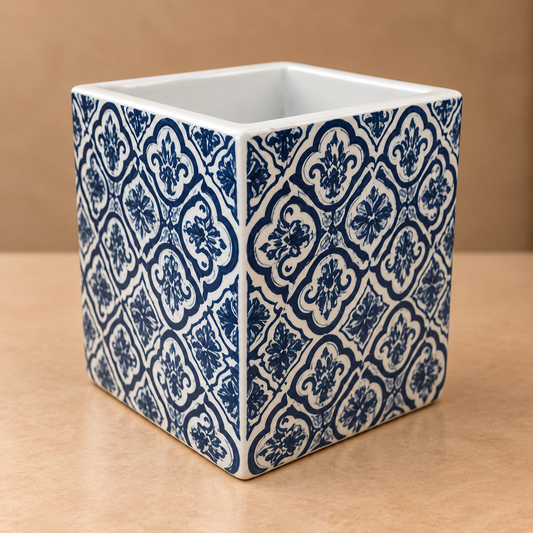 Indigo Tile Moroccan Planter – Cobalt Blue Patterned Ceramic Square Pot - CV02