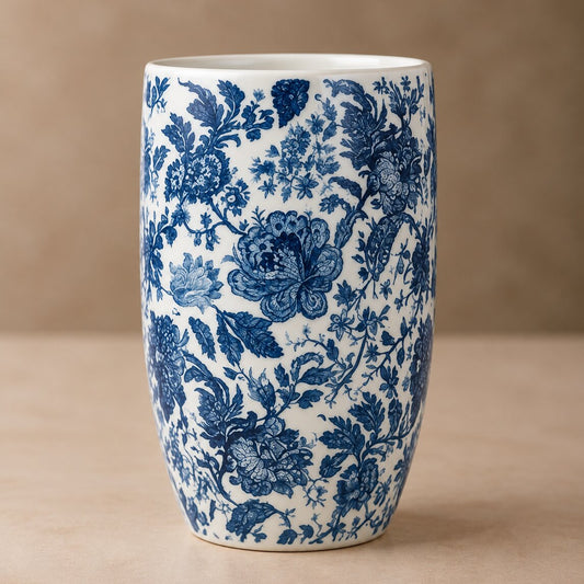 Vintage Blue Floral Vase – Tall Toile Porcelain Cylinder with Detailed Cobalt Botanical Print - U35