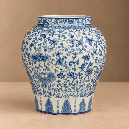Large Blue and White Ginger Jar – Classical Porcelain Temple Jar with Intricate Vine Motif - U37